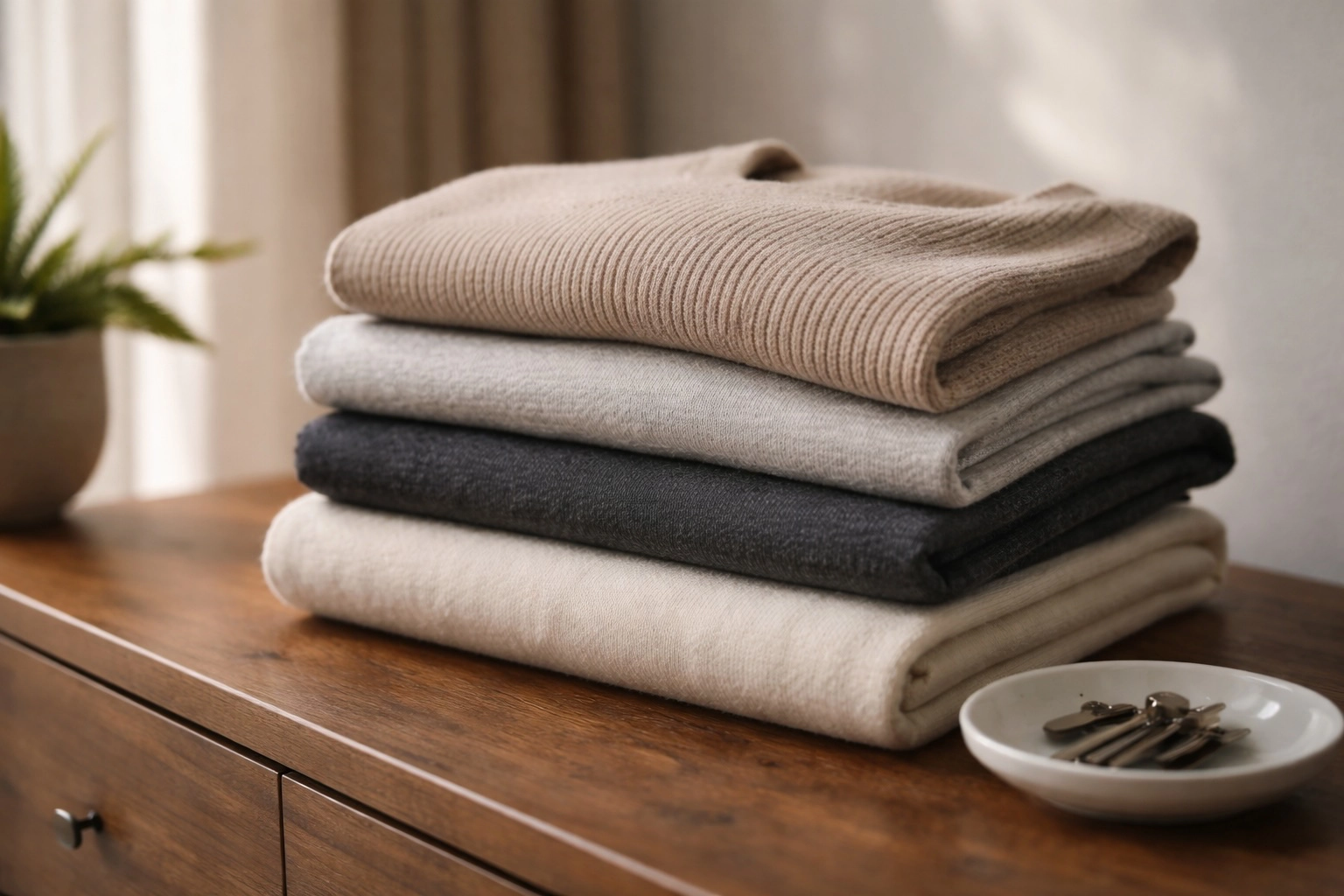 Maglieria neutra piegata su comò in legno – il valore della frequenza