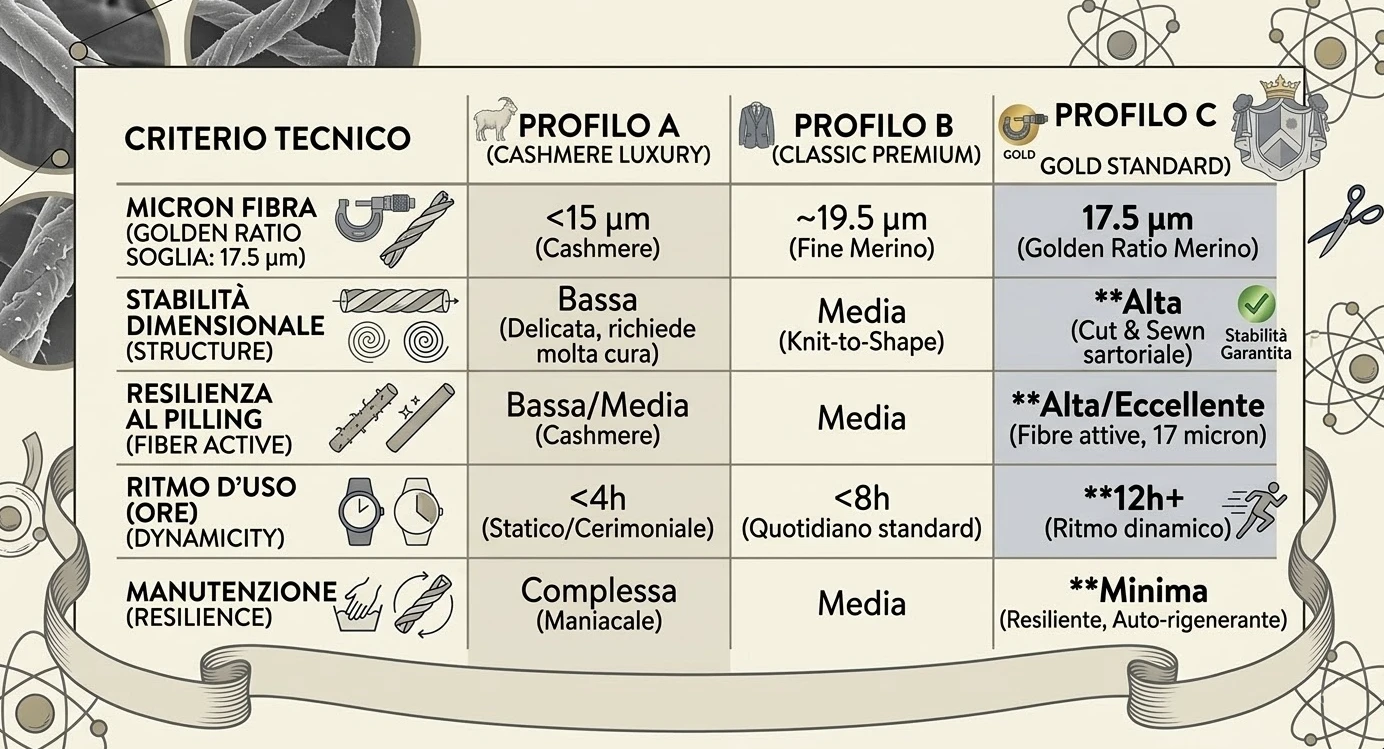Tabella comparativa tecnica brand italiani maglieria — Profilo A B C a confronto