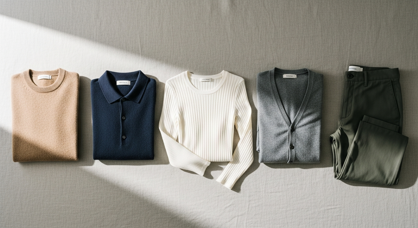 Selezione curata di capi essenziali in merino su tavolo italiano antico